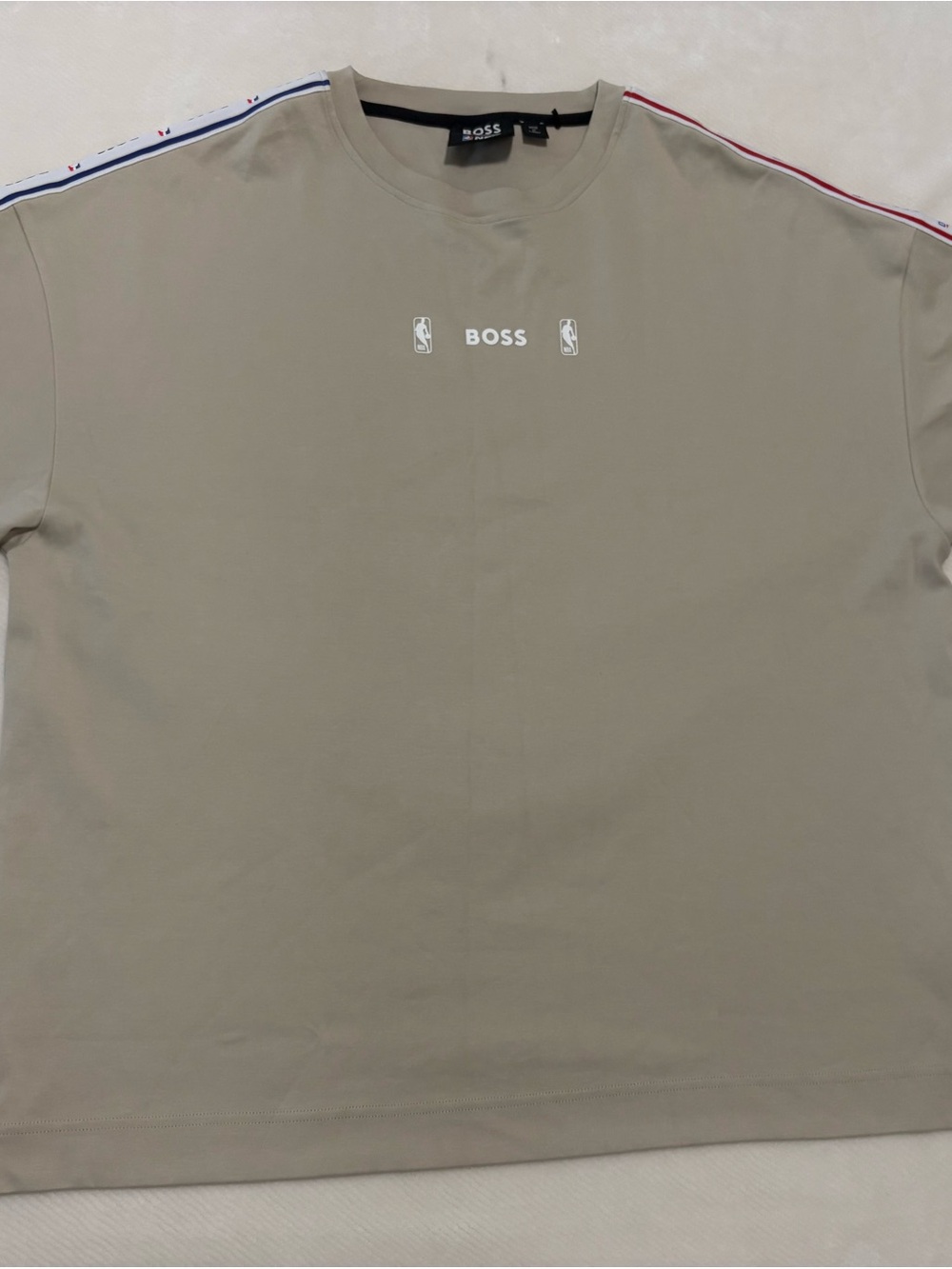Hugo Boss Taupe Short-Sleeve Tee with Red & Blue Shoulder Trim